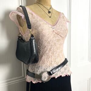 Handmade Pink Lace Fairy Top with Ruffle Short Sleeves, Lace trim & Rhinestones